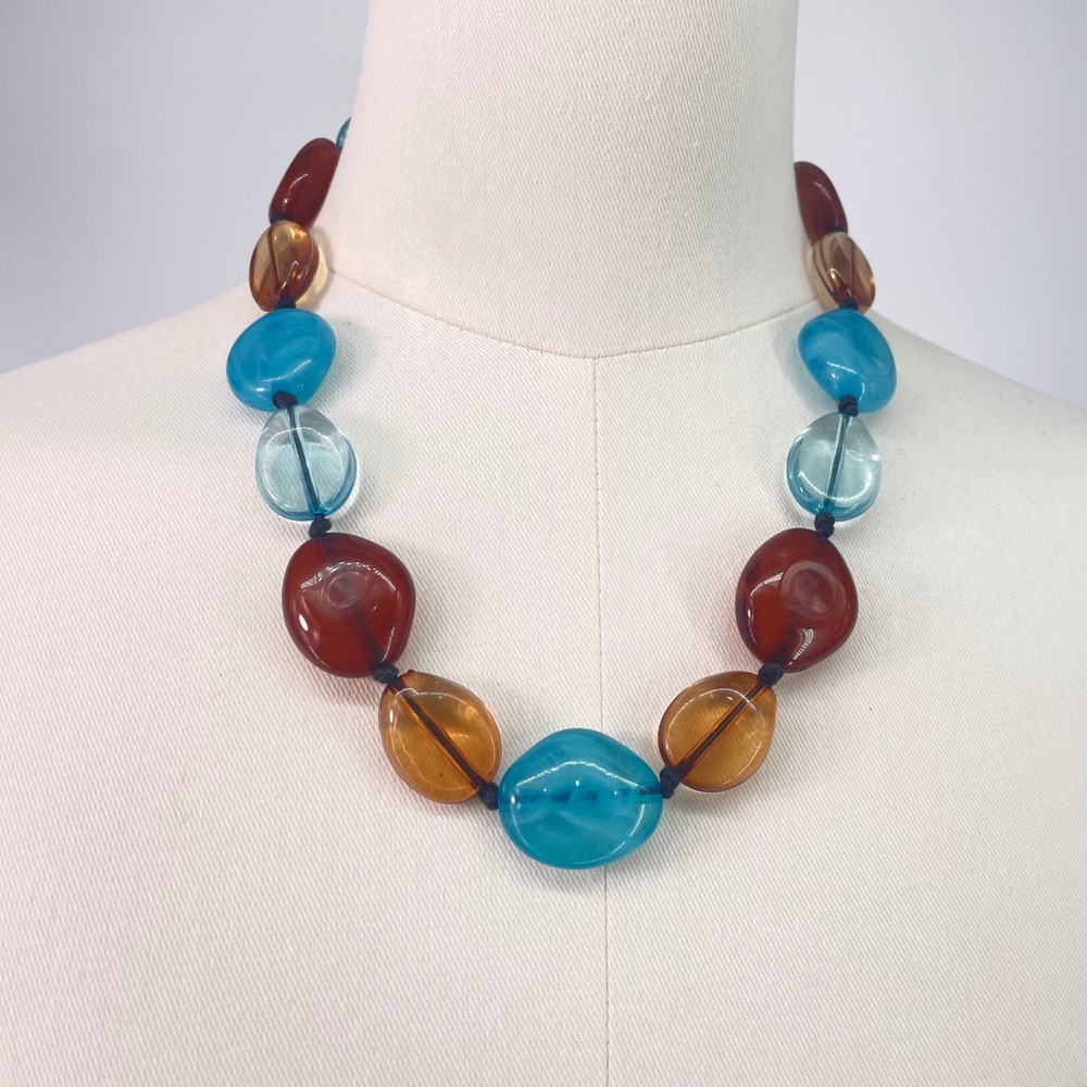 Chunky Acrylic Beaded‎ Necklace Blue Brown Orange 22"